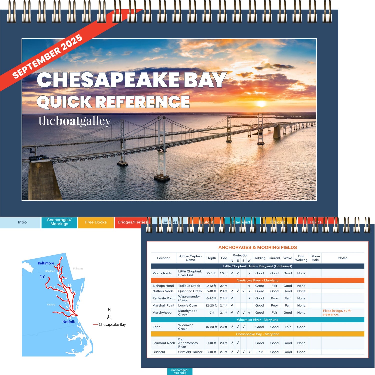 Chesapeake Bay quick reference guide with a map and tables on a spiral-bound book.