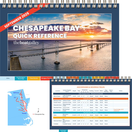 Chesapeake Bay quick reference guide with a map and tables on a spiral-bound book.