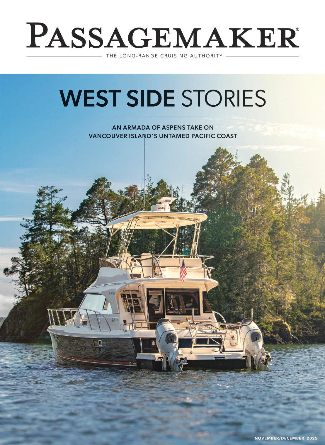 Magazine cover with a boat on a lake surrounded by trees, featuring the title 'Passagemaker' and 'West Side Stories'.
