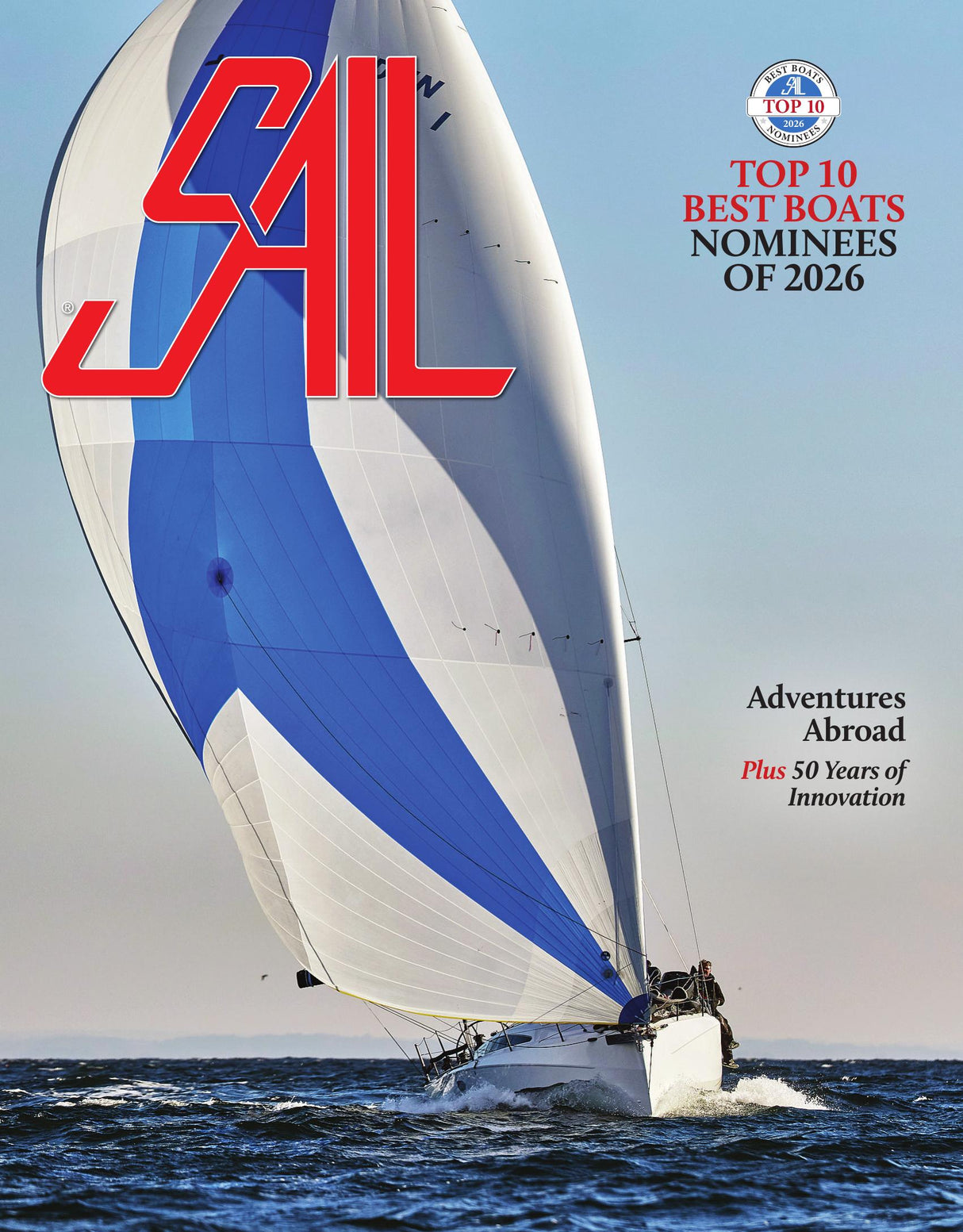 Sailing boat with 'SAIL' magazine cover featuring top boats nominees of 2026.