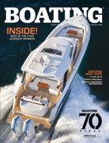 Magazine cover featuring a luxury yacht with text about 'Boating' magazine.