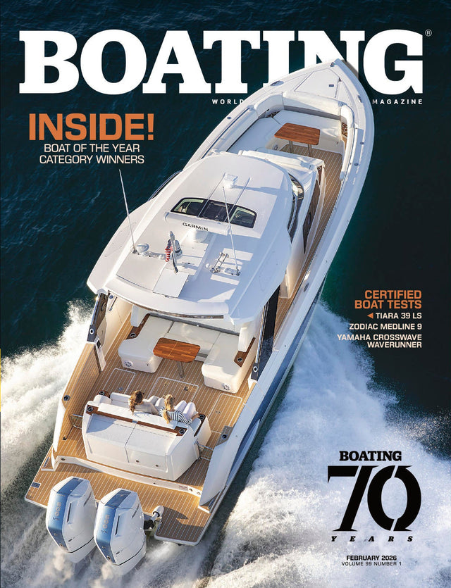 Magazine cover featuring a luxury yacht with text about 'Boating' magazine.