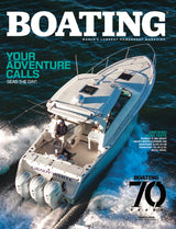 Magazine cover featuring a Grady-White boat on a blue ocean background with 'Boating' branding.