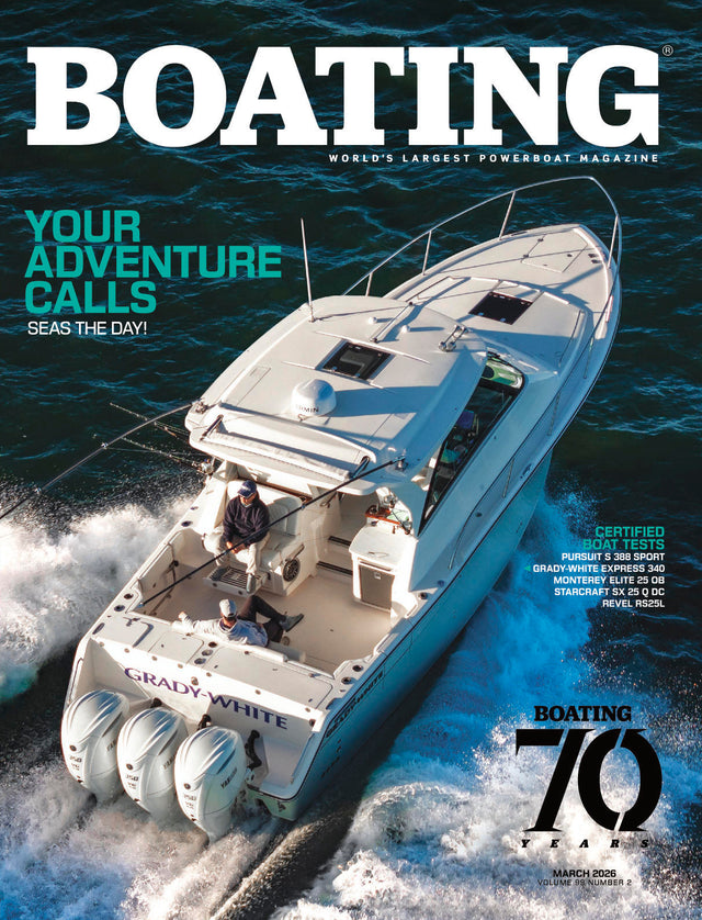 Magazine cover featuring a Grady-White boat on a blue ocean background with 'Boating' branding.