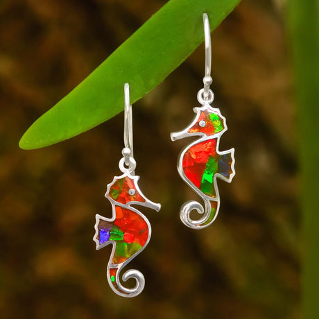 Starborn Ammolite Seahorse Earrings in Sterling Silver