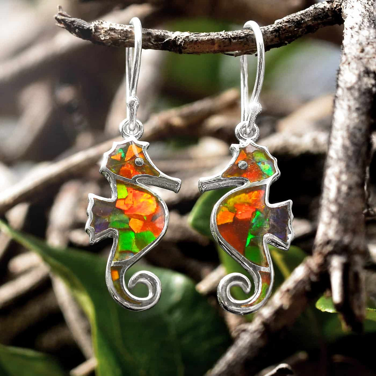 Starborn Ammolite Seahorse Earrings in Sterling Silver