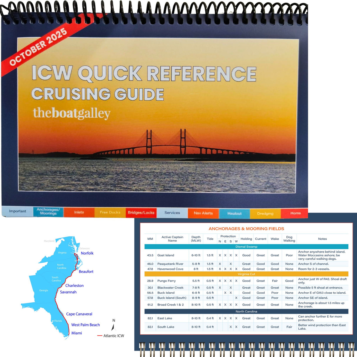 ICW Quick Reference Cruising Guide with map and table on a white background