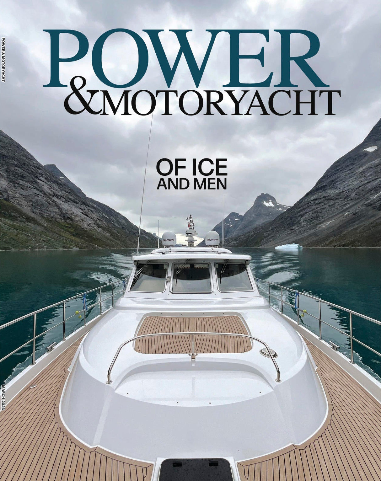 Yacht on a mountainous lake with text 'Power & Motoryacht: Of Ice and Men'.