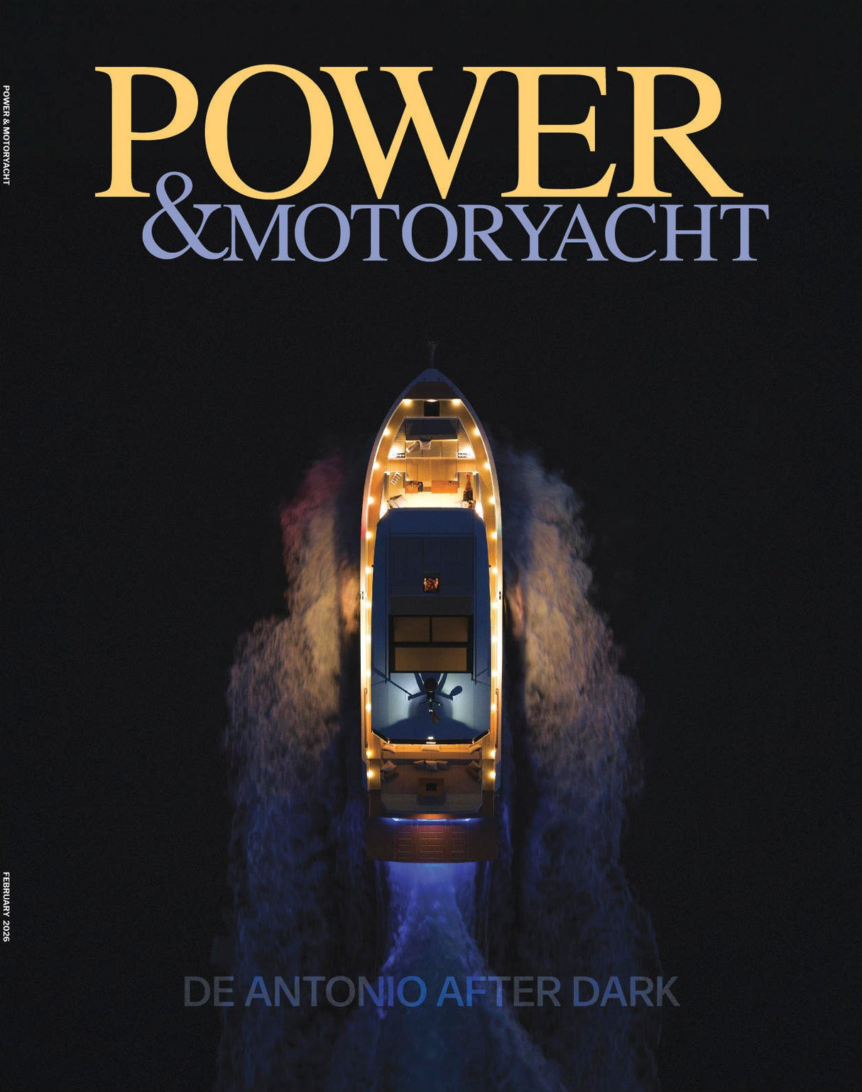 Magazine cover of 'Power & Motoryacht' with a boat at night.