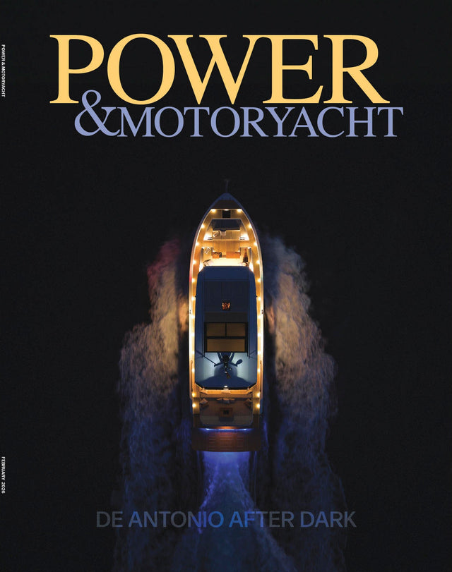 Magazine cover of 'Power & Motoryacht' with a boat at night.