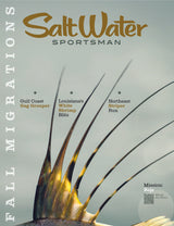 Magazine cover titled 'Salt Water Sportsman' with fishing lure and text on a light green background