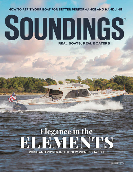 Magazine cover featuring a boat on water with 'Soundings' branding and text about boat refit and performance.