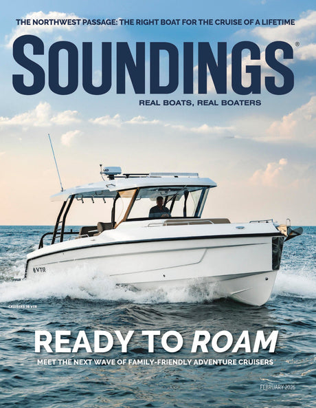 Magazine cover featuring a boat on the water with 'Soundings' branding.