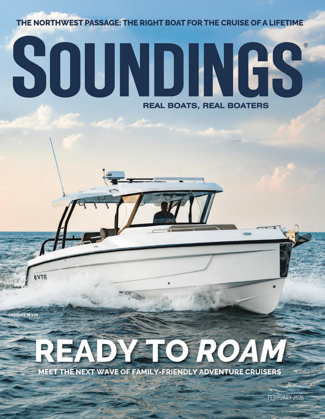 Magazine cover featuring a boat on the water with 'Soundings' branding.