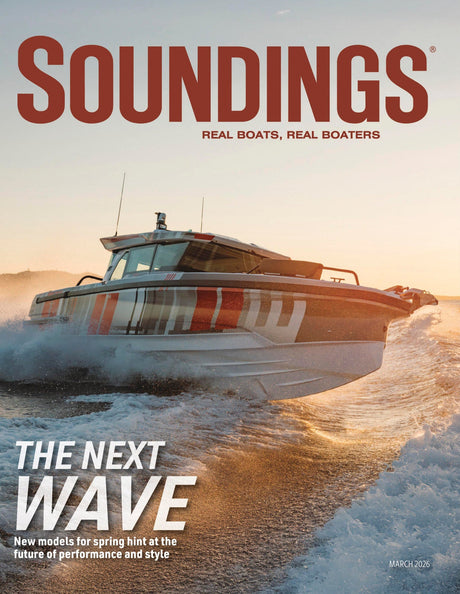 Magazine cover titled 'Soundings' featuring a boat on a water background.