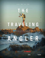Magazine cover for 'The Traveling Angler' with a person fishing on rocks and ocean waves.