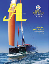 Sail magazine cover featuring a sailboat with text about top boats of 2026.