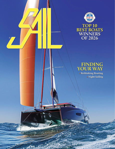 Sail magazine cover featuring a sailboat with text about top boats of 2026.