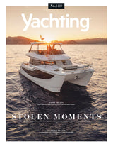 Yachting magazine cover with a boat on the water at sunset